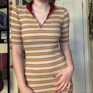 yellow & red striped zip-up collared bodycon dress